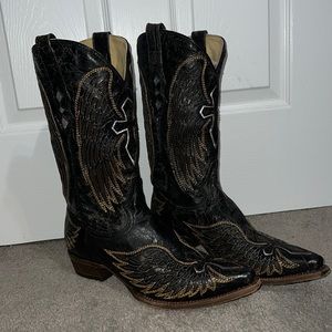 Corral- Black and Gold Angel/Cross Snip Toe Cowboy Boots, women’s size 11